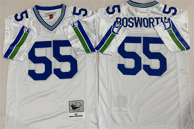 Men's Seattle Seahawks #55 Brian Bosworth White Throwback Stitched Football Jersey